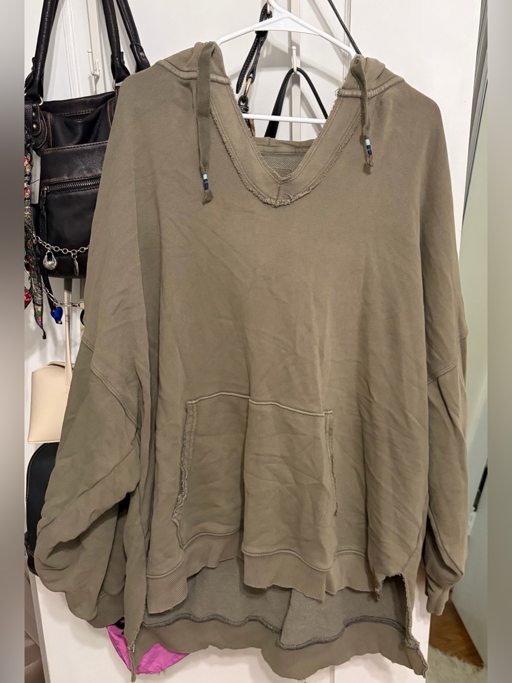 aerie Olive Green Distressed V‑Neck Hoodie